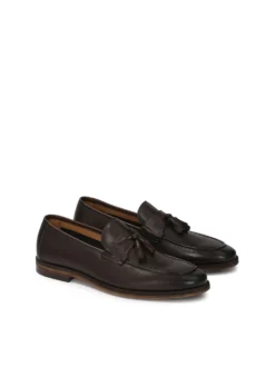 Brązowe skórzane loafersy z frędzlami
