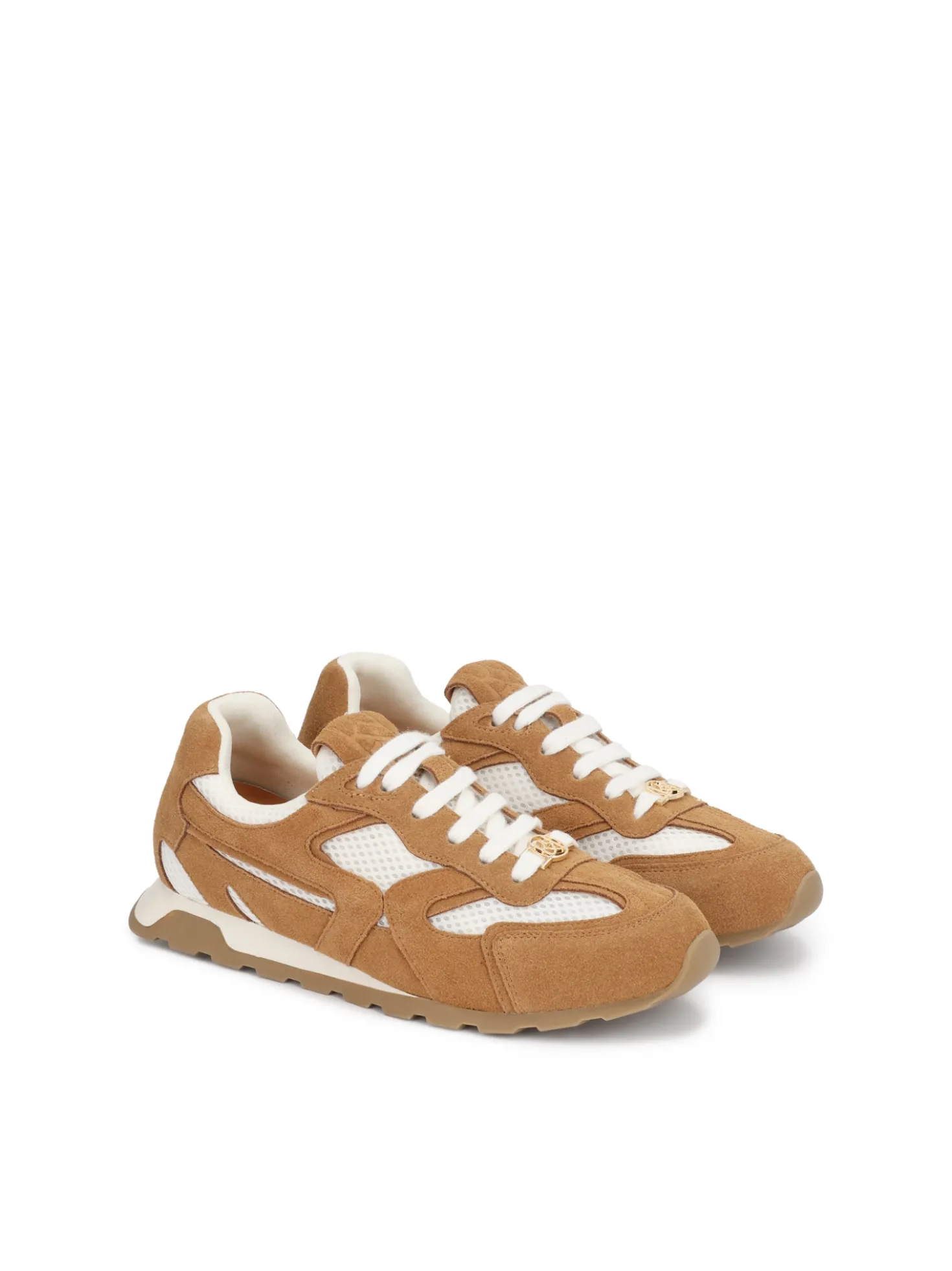 Brązowe sneakersy z zamszu i białej tkaniny z monogramem na sznurówkach