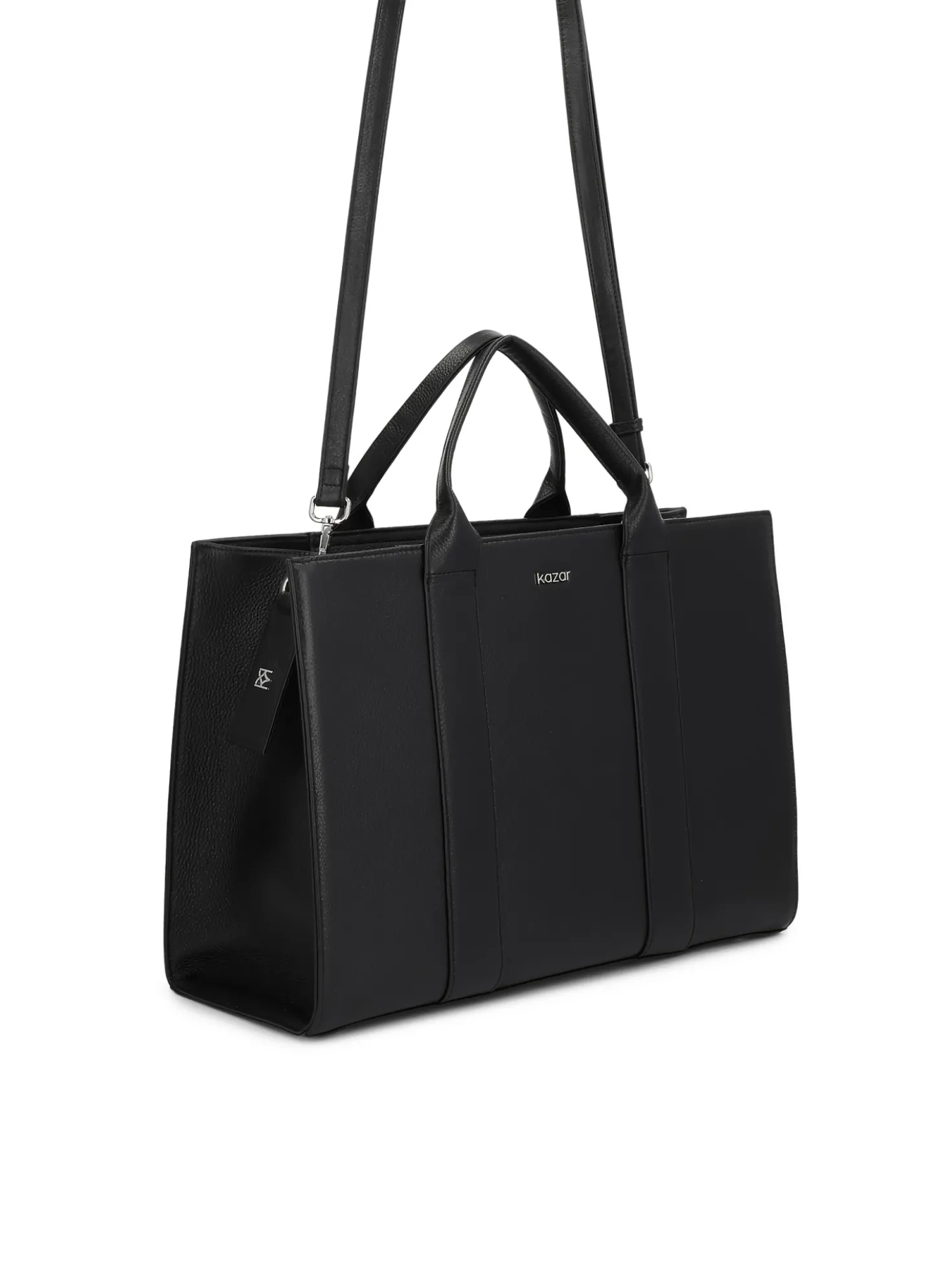 Czarna tote bag z groszkowej skóry naturalnej z odpinanym paskiem