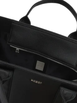 Czarna tote bag z groszkowej skóry naturalnej z odpinanym paskiem