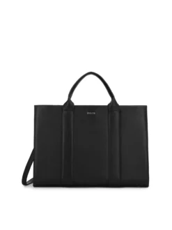 Czarna tote bag z groszkowej skóry naturalnej z odpinanym paskiem