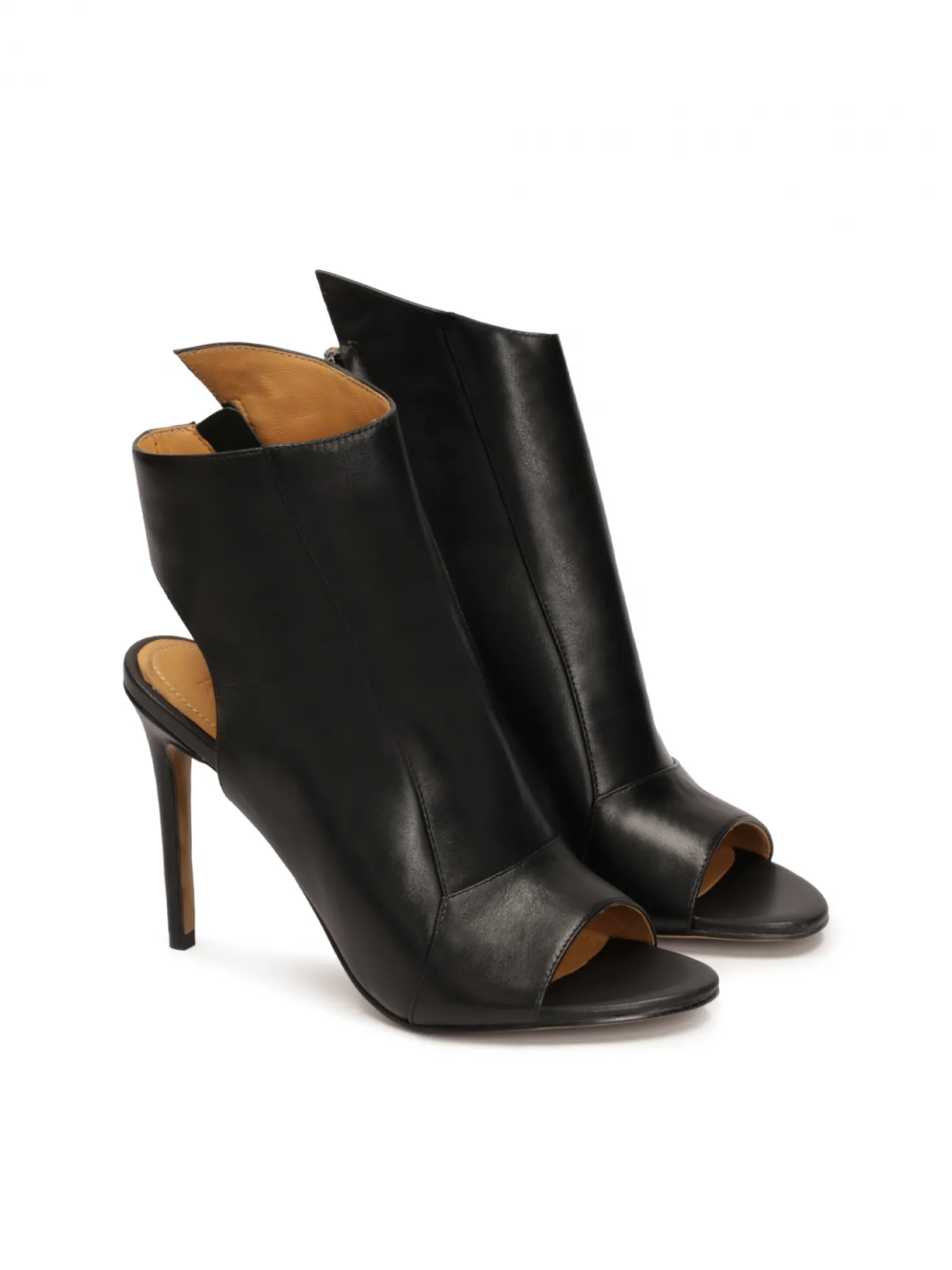Czarne skórzane botki peep toe