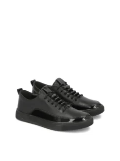 Czarne skórzane sneakersy męskie z lakierowanymi wstawkami
