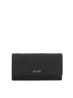Czarny skórzany portfel z efektowną plecionką i logo