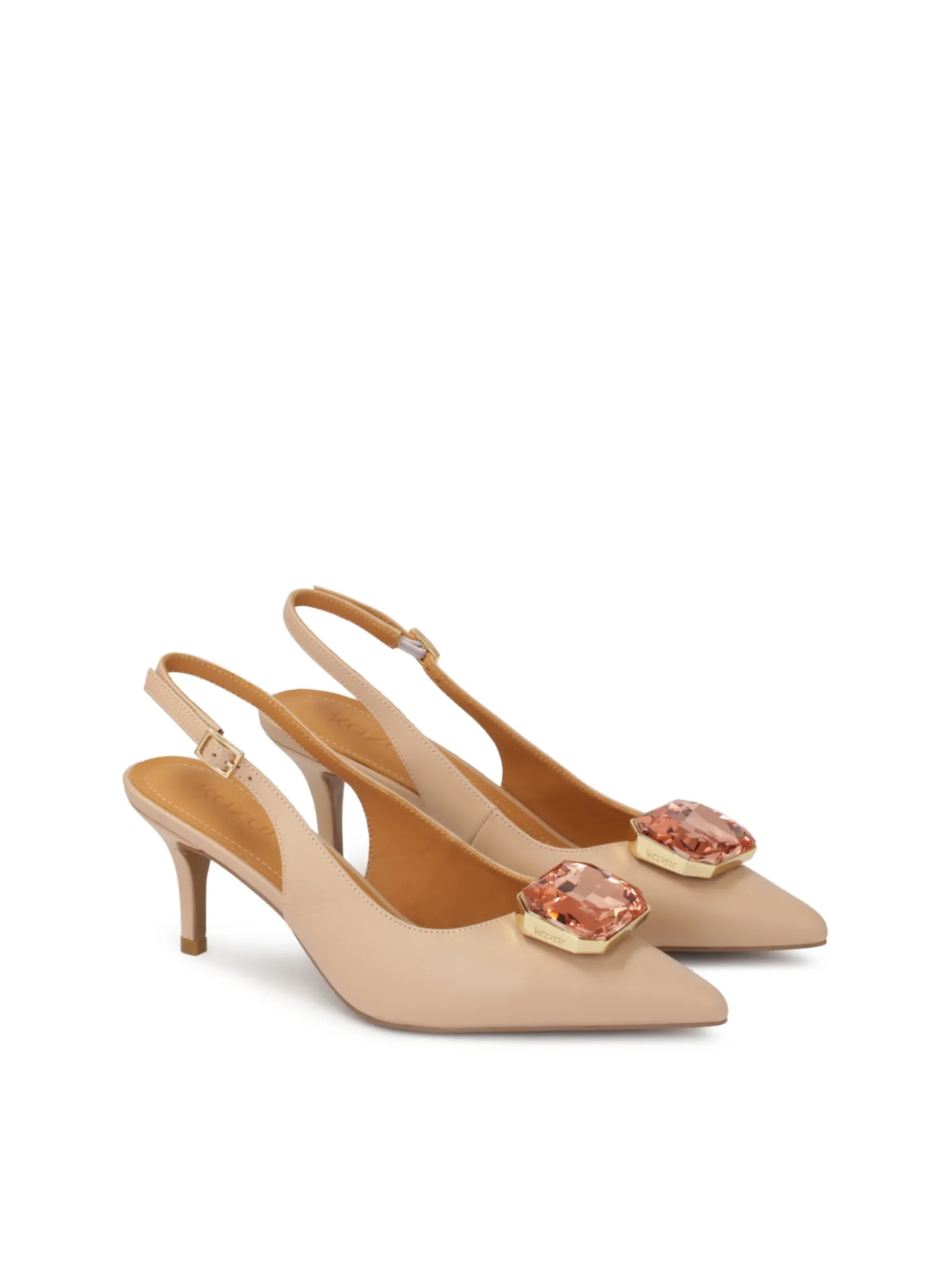 Eleganckie czółenka slingback zdobione biżuteryjną aplikacją