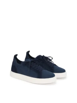 Granatowe męskie sneakersy z tkaniny i zamszu na kontrastowej podeszwie