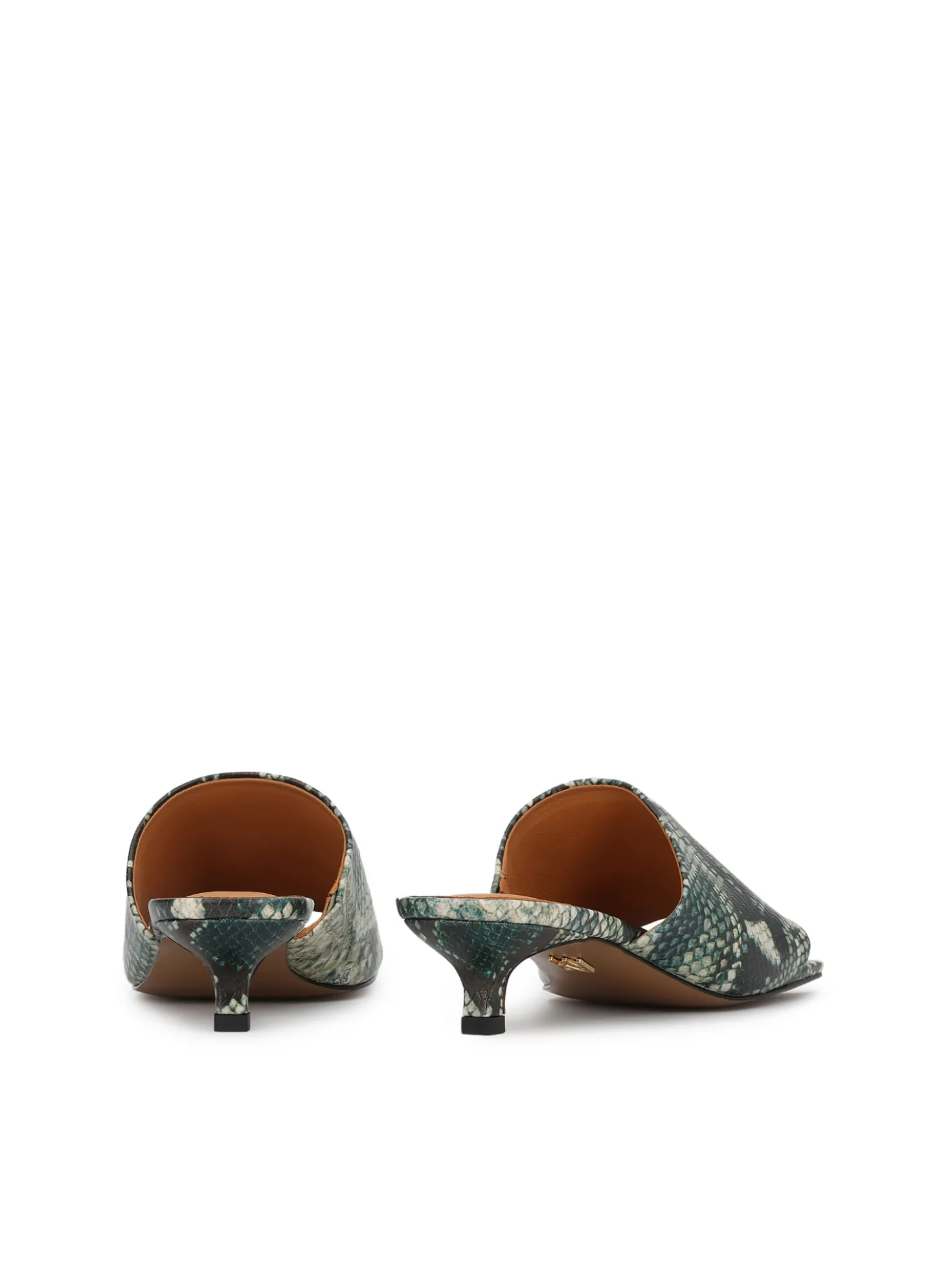 Klapki ze skóry tłoczonej w motyw węża na obcasie kitten heels