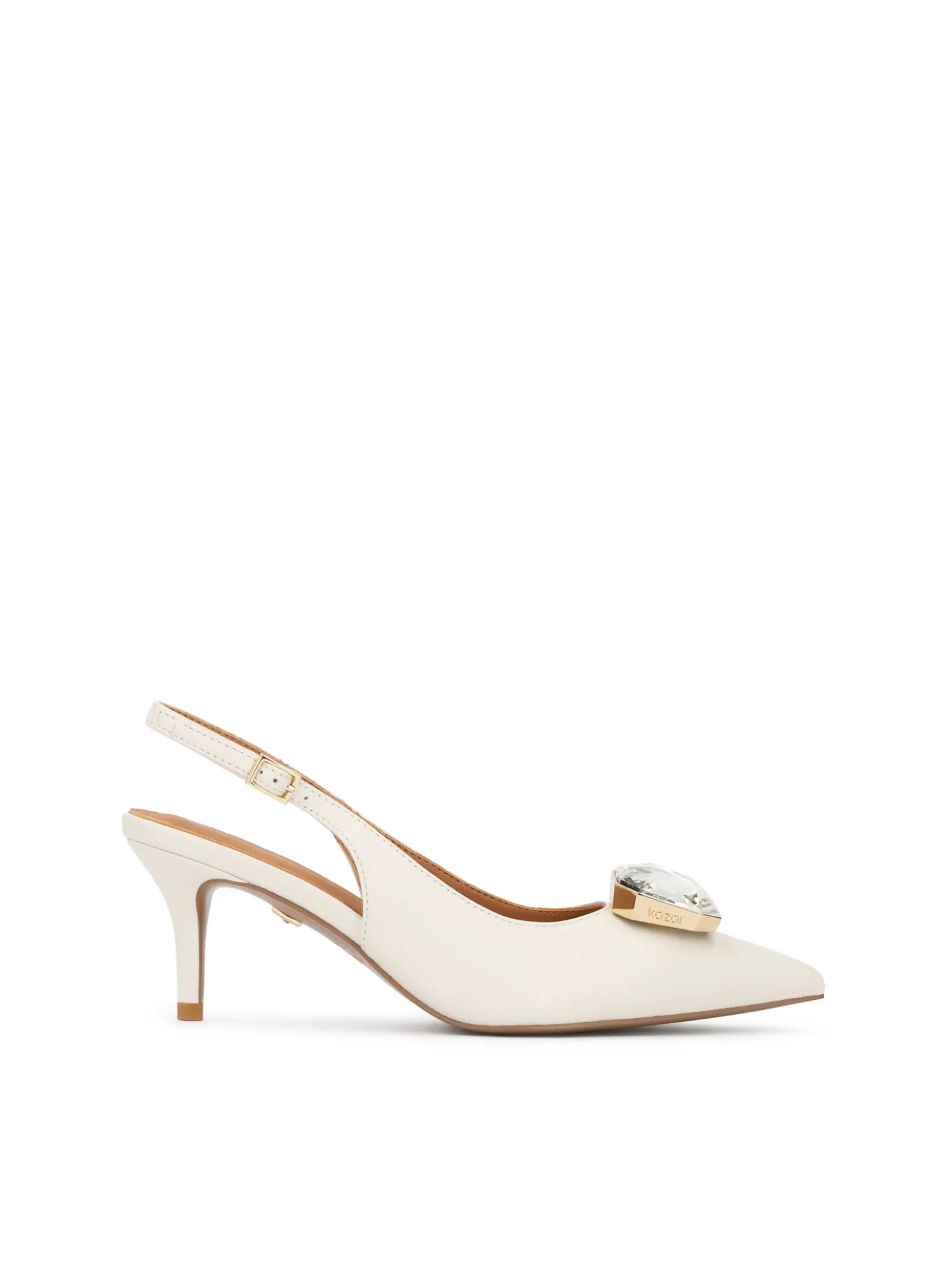 Kremowe ślubne czółenka slingback z dużą biżuteryjną ozdobą