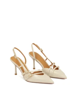 Skórzane czółenka slingback zdobione paskami