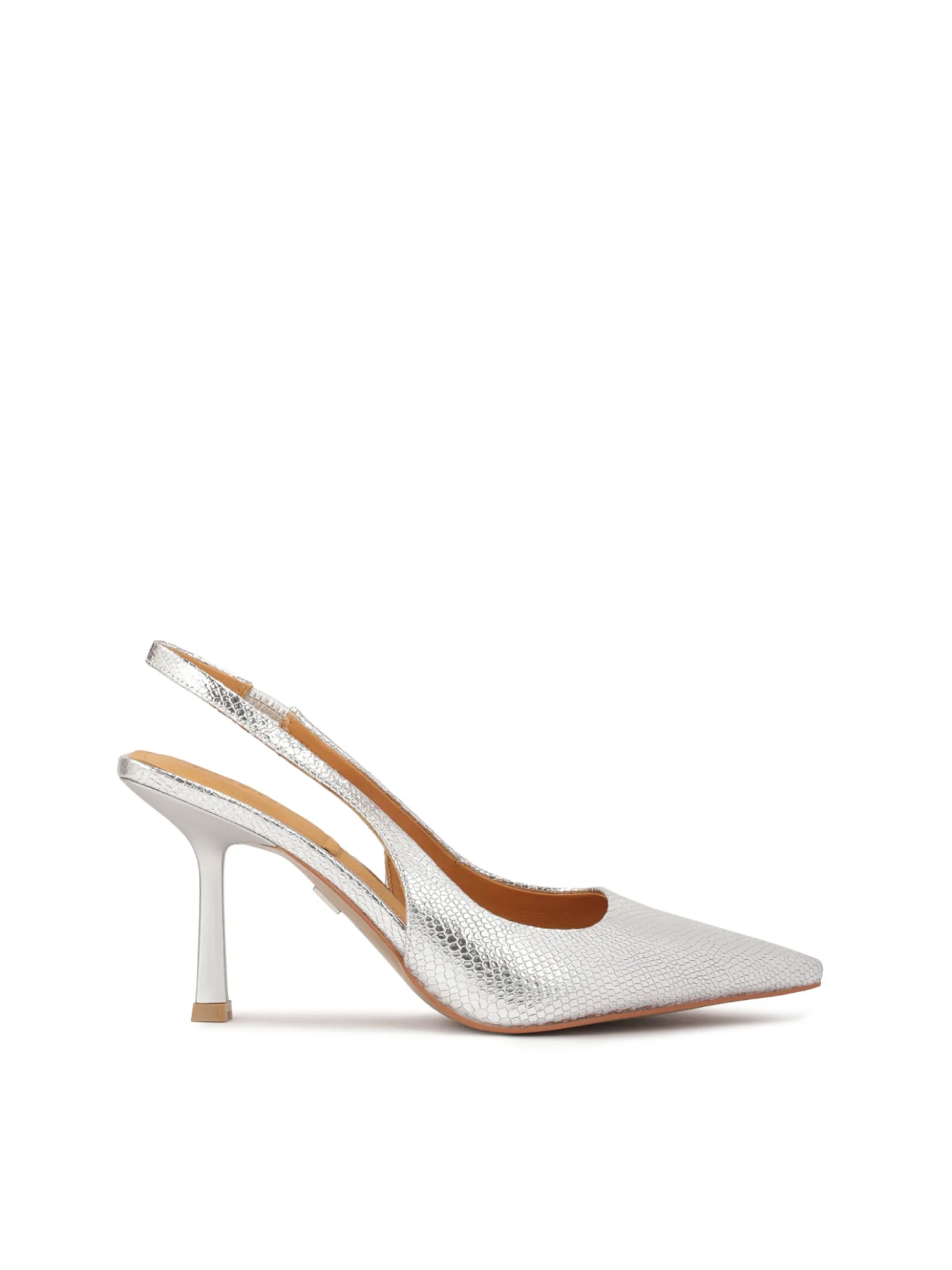 Srebrne czółenka slingback z tłoczonej skóry