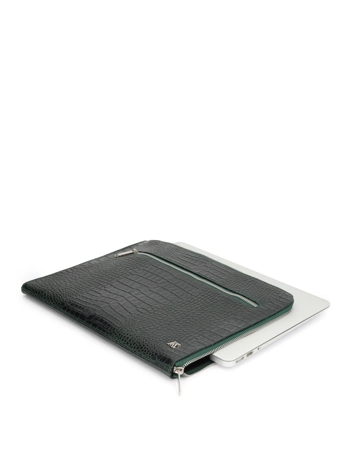 Zielone etui na laptopa ze skóry tłoczonej z kieszenią na suwak